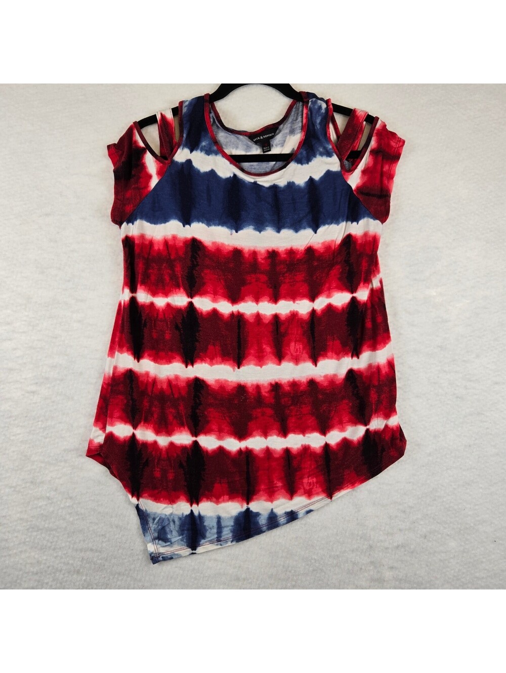 Rock & Republic Cold Shoulder Tie-Dye Top Red Blue White Medium